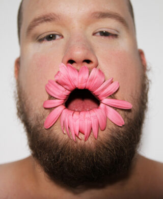 Parrakkaan miehen suussa on vaaleanpunainen kukka.