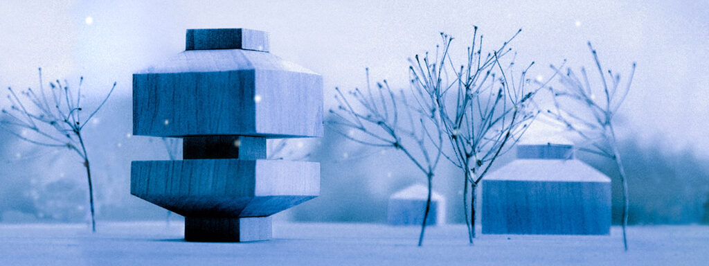 Talvinen piirros, jossa on taidemuseon vanha päärakennus sekä suunnitelmissa oleva uusi päärakennus.