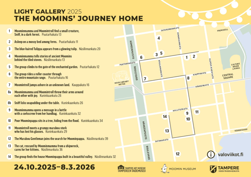 A map of the centre of Tampere where the locations of the works of art have been marked.