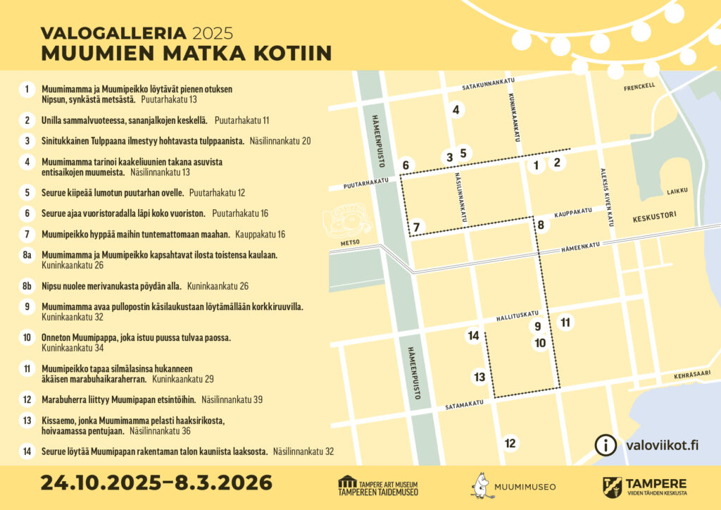 Kartta Tampereen keskustasta, johon on merkitty numeroin Valogallerian teosten sijainti.