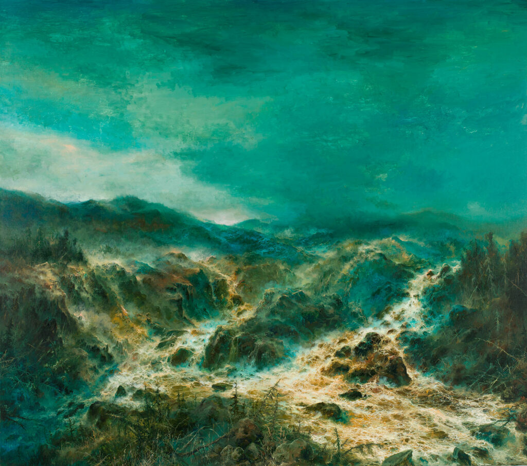 Vihreäsävyinen maisemamaalaus tulvivasta vuoristoalueesta.