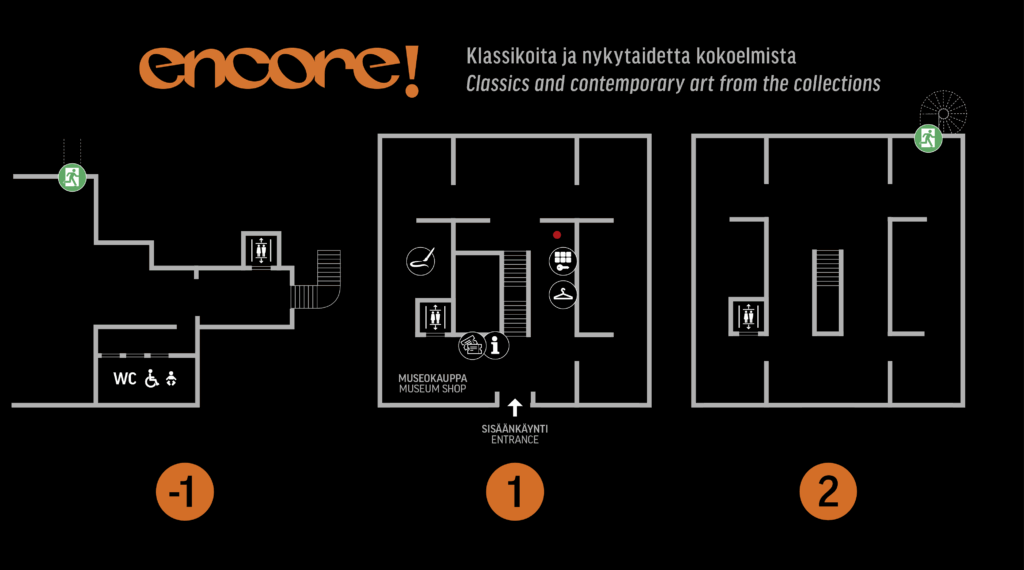 pohjapiirros, joka kertoo että Encore! nähdäänkolmessa kerroksessa.